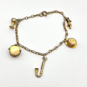 Vintage Jazz Music Charm Bracelet Two Tone Gold Silver Saxophone Drum Hat 7.5in